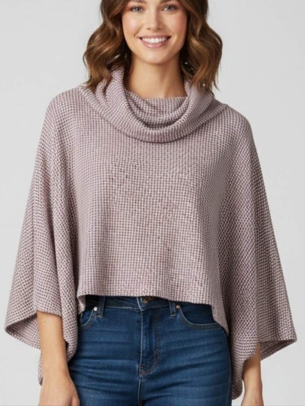 Cozy Cowl-Neck Waffle Sweater - Dusty Mauve